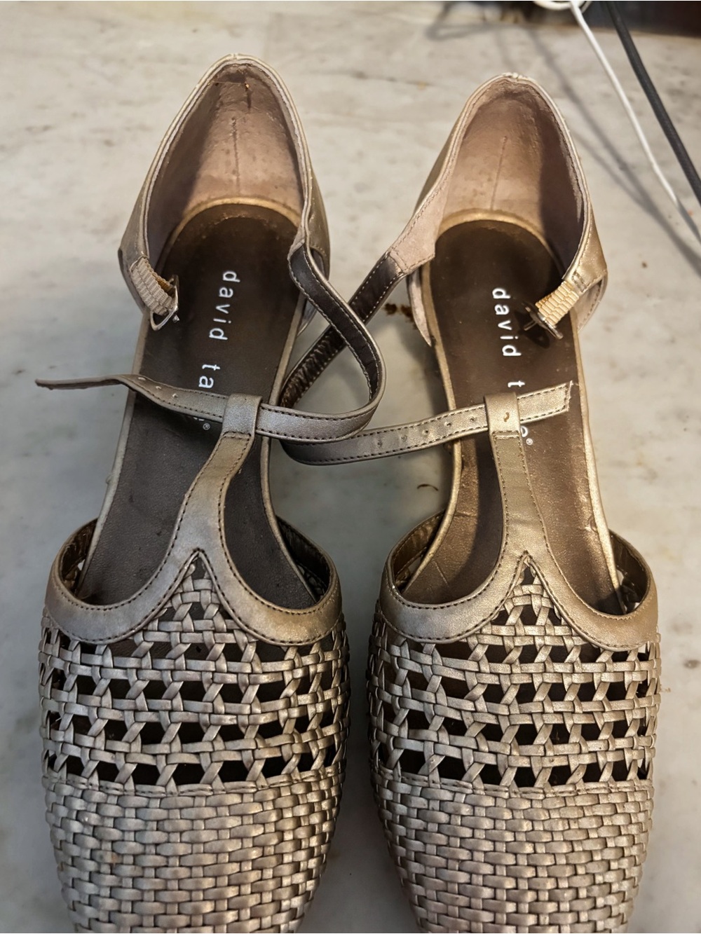 David Tate Metallic Woven Mary Jane Mules in silver